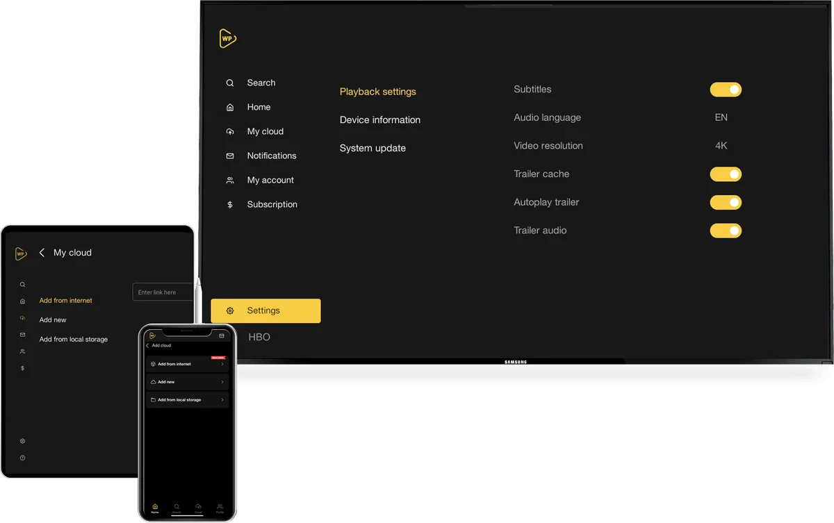Interface Watchlist Pro em televisão, tablet e celular, em imagem do desenvolvedor